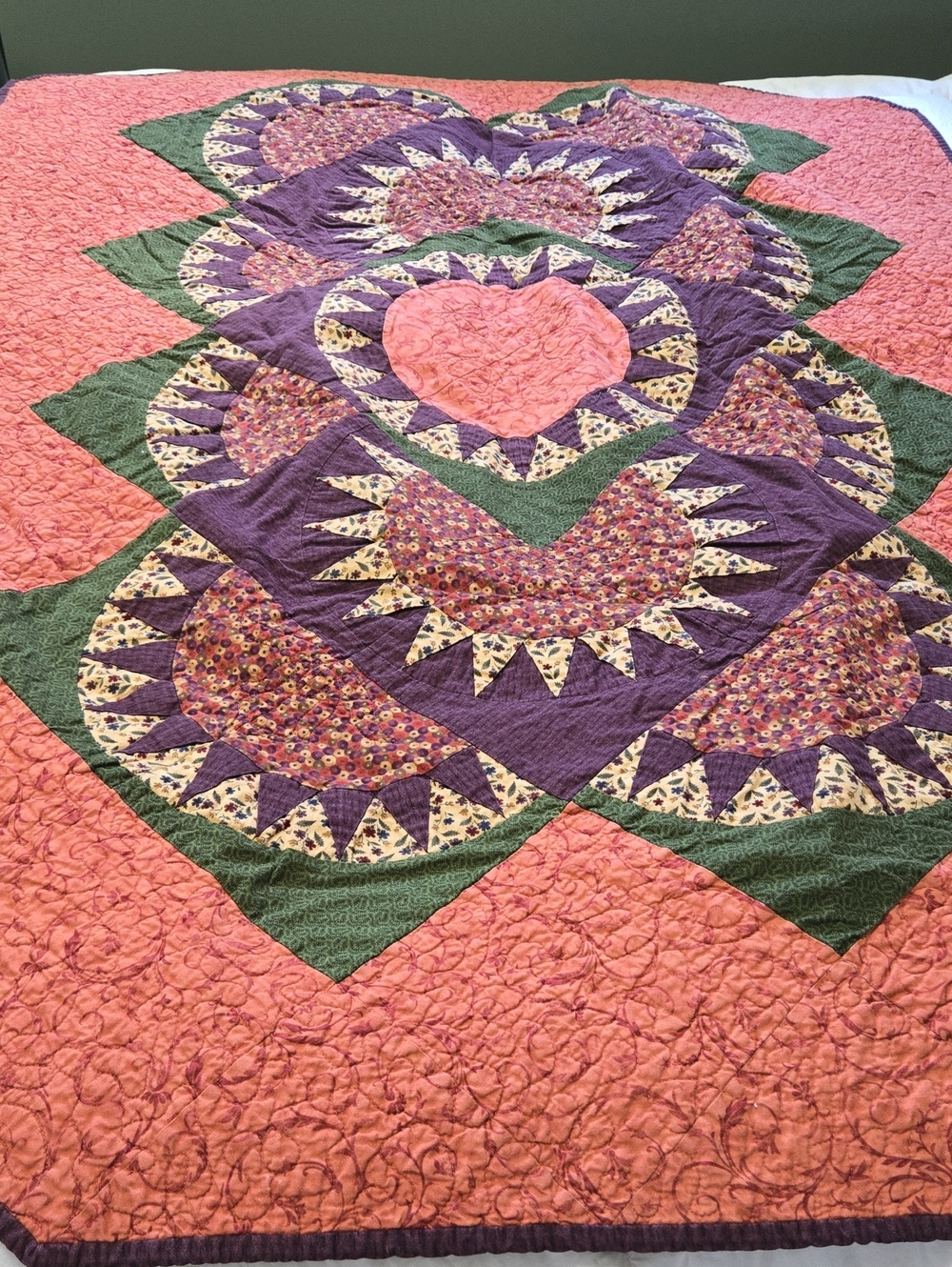 Handcrafted Floral Patchwork Quilt in Coral Purple & Green